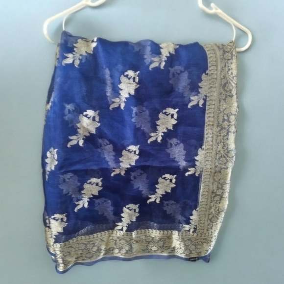 Dupatta Royal Light Blue Floral Silk Scarf 76'' L x 41'' W India Fancy Chiffon - Picture 5 of 10